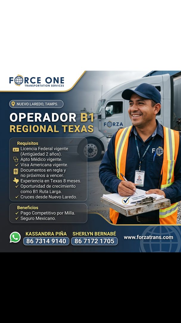 Banner del anuncio de la vacante: F · RCE ONE · TRANSPORTATION SERVICES · NUEVO LAREDO, TAMPS. · OPERADOR B1 · REGIONAL TEXAS · Requisitos · Licencia Federal vigente · (Antig