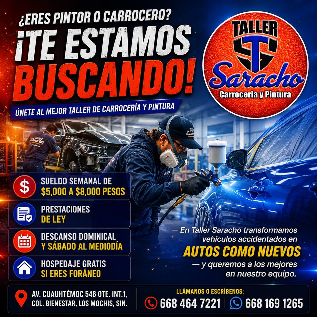 Banner del anuncio de la vacante: ¿ERES PINTOR O CARROCERO? · ¡TE ESTAMOS · BUSCANDO! · ÚNETE AL MEJOR TALLER DE CARROCERÍA Y PINTURA · TALLER · Saracho · Carroceria y Pintur