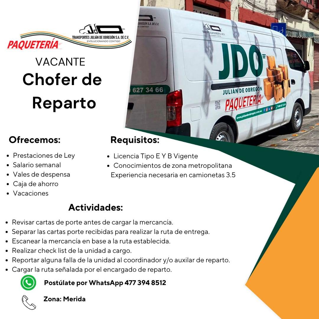 Banner del anuncio de la vacante: RECON SA DECY. · TRANSPORTES JULIAN DE OBREGON S.A. DE C.V. · EVOLUCIONANDO CONTIGO · PAQUETERÍA · VACANTE · Chofer de · Reparto · 627 34 66