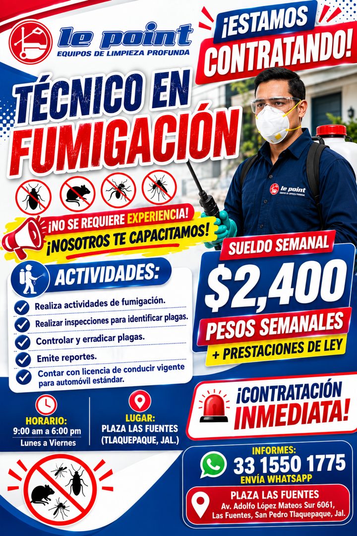 Banner del anuncio de la vacante: le point · EQUIPOS DE LIMPIEZA PROFUNDA · TÉCNICO EN · FUMIGACIÓN · ¡ESTAMOS · CONTRATANDO! · Le paint · CUOTAS EL CONECA PORDIOL · - ¡NO SE