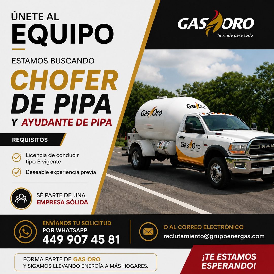 Banner del anuncio de la vacante: ÚNETE AL · EQUIPO · ESTAMOS BUSCANDO · CHOFER · DE PIPA · Y AYUDANTE DE PIPA · REQUISITOS · Licencia de conducir · tipo B vigente · Deseable