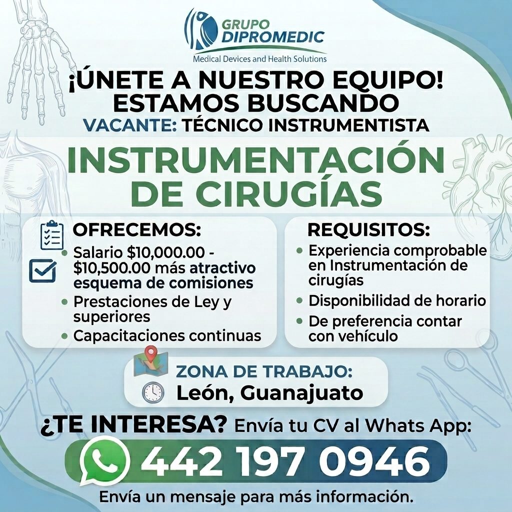 Banner del anuncio de la vacante: GRUPO · DIPROMEDIC · Medical Devices and Health Solutions · ¡ÚNETE A NUESTRO EQUIPO! · ESTAMOS BUSCANDO · VACANTE: TÉCNICO INSTRUMENTISTA · 
