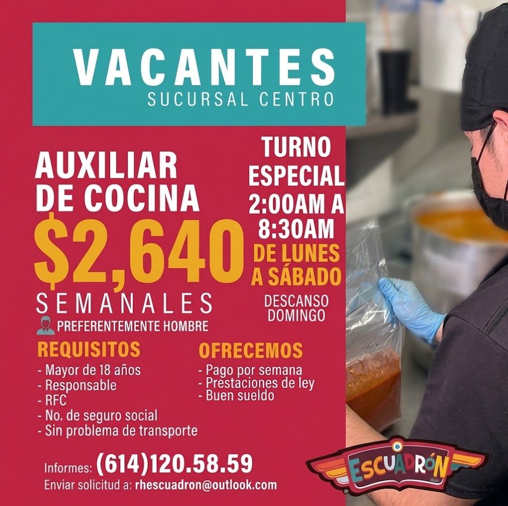 Banner del anuncio de la vacante: VACANTES · SUCURSAL CENTRO · TURNO · AUXILIAR · ESPECIAL · DE COCINA · 2:00AM A · $2,640 · 8:30AM · DE LUNES · A SABADO · S- MANALES · DESCA