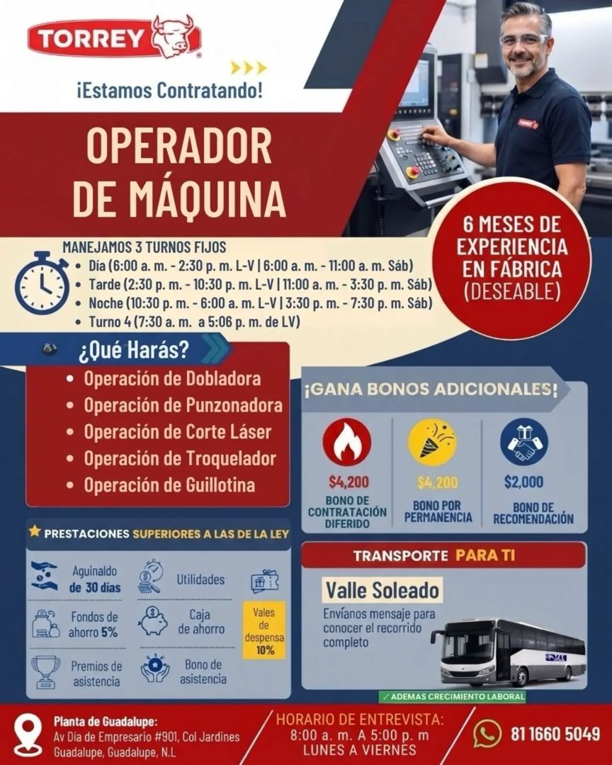 Banner del anuncio de la vacante: TORREY · ¡Estamos Contratando! · OPERADOR · DE MÁQUINA · MANEJAMOS 3 TURNOS FIJOS · • Día (6:00 a. m. - 2:30 p. m. L-V | 6:00 a. m. - 11:00 