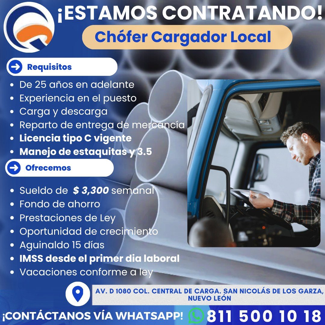 Banner del anuncio de la vacante: ¡ESTAMOS CONTRATANDO! · Chófer Cargador Local · → Requisitos · • De 25 años en adelante · • Experiencia en el puesto · • Carga y descarga · 