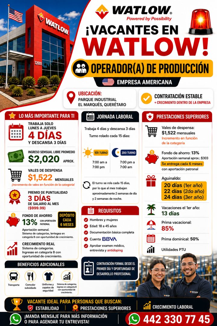 Banner del anuncio de la vacante: WATLOW. · 12001 · LO MÁS IMPORTANTE PARA TI · TRABAJA SOLO · LUNES A JUEVES · 4 DÍAS · Y DESCANSA 3 DIAS · INGRESO SEMSUAL LIBRE PROMEDIO · 