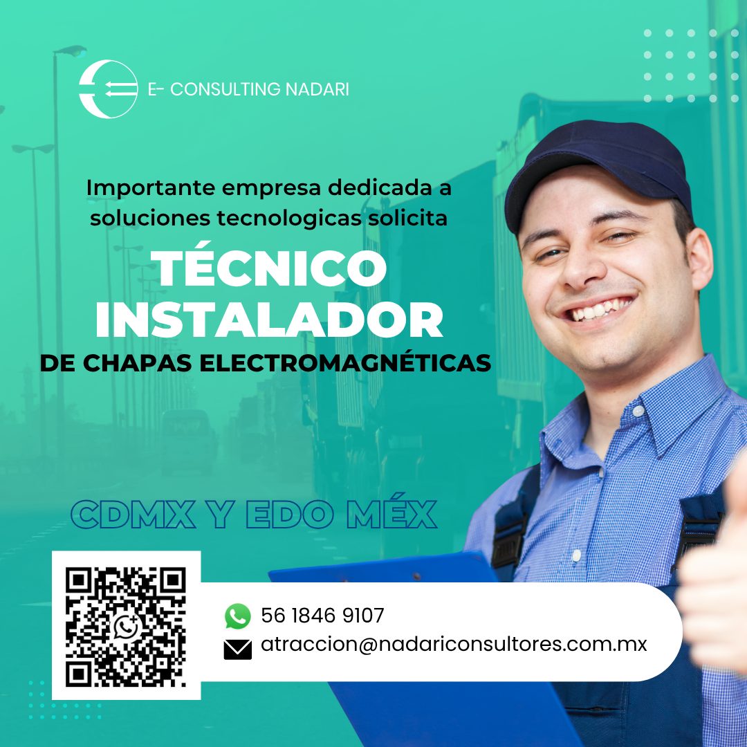 Banner del anuncio de la vacante: E- CONSULTING NADARI · Importante empresa dedicada a · soluciones tecnologicas solicita · TÉCNICO · INSTALADOR · DE CHAPAS ELETROMAGNÉTICAS 