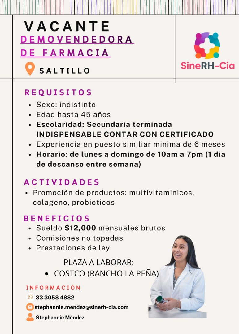 Banner del anuncio de la vacante: VACANTE · DEMOVENDEDORA · DE FARMACIA · SALTILLO · SineRH-Cia · REQUISITOS · • Sexo: indistinto · • Edad hasta 45 años · • Escolaridad: Secu