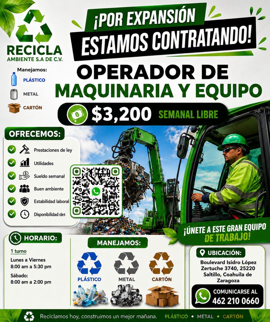 Banner del anuncio de la vacante: RECICLA · AMBIENTE S.A DE C.V. · Manejamos: · PLÁSTICO · METAL · CARTÓN · ¡POR EXPANSIÓN · ESTAMOS CONTRATANDO! · OPERADOR DE · MAQUINARIA Y