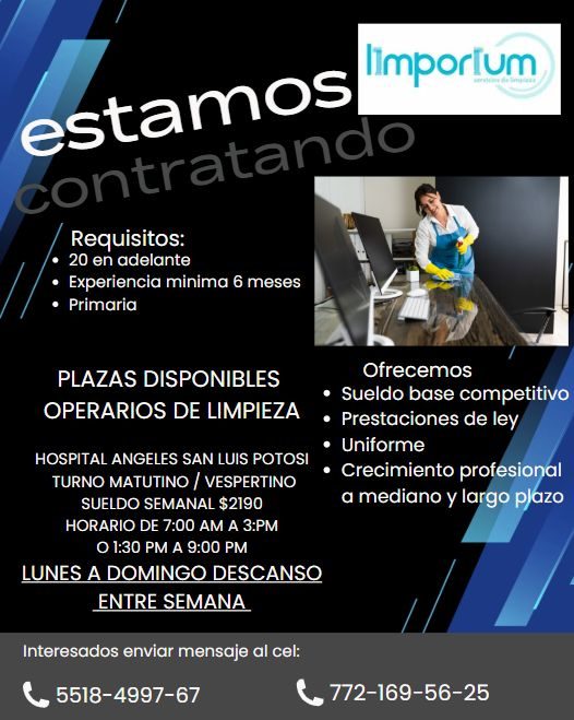 Banner del anuncio de la vacante: estamos · contratando · Requisitos: · • 20 en adelante · • Experiencia minima 6 meses · • Primaria · limporium · PLAZAS DISPONIBLES · OPERAR