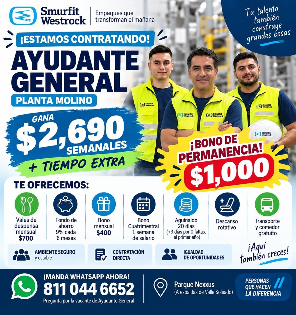 Banner del anuncio de la vacante: Smurfit · Westrock · Empaques que · transforman el mañana · ¡ESTAMOS CONTRATANDO! · AYUDANTE · GENERAL · PLANTA MOLINO · murfi · 2) Westrod 