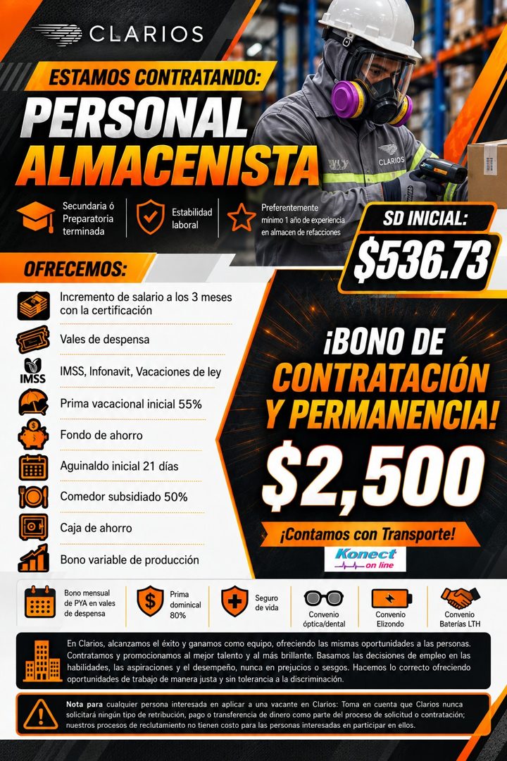 Banner del anuncio de la vacante: CLARIOS · ESTAMOS CONTRATANDO: · PERSONAL · ALMACENISTA · CLARIOS · Secundaria ó · Preparatoria · terminada · Estabilidad · laboral · Prefer