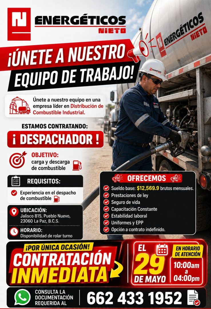 Banner del anuncio de la vacante: ENERGÉTICOS · NIETO · NiETO · ¡ÚNETE A NUESTRO · EQUIPO DE TRABAJO! · Únete a nuestro equipo en una · empresa líder en Distribución de · Com