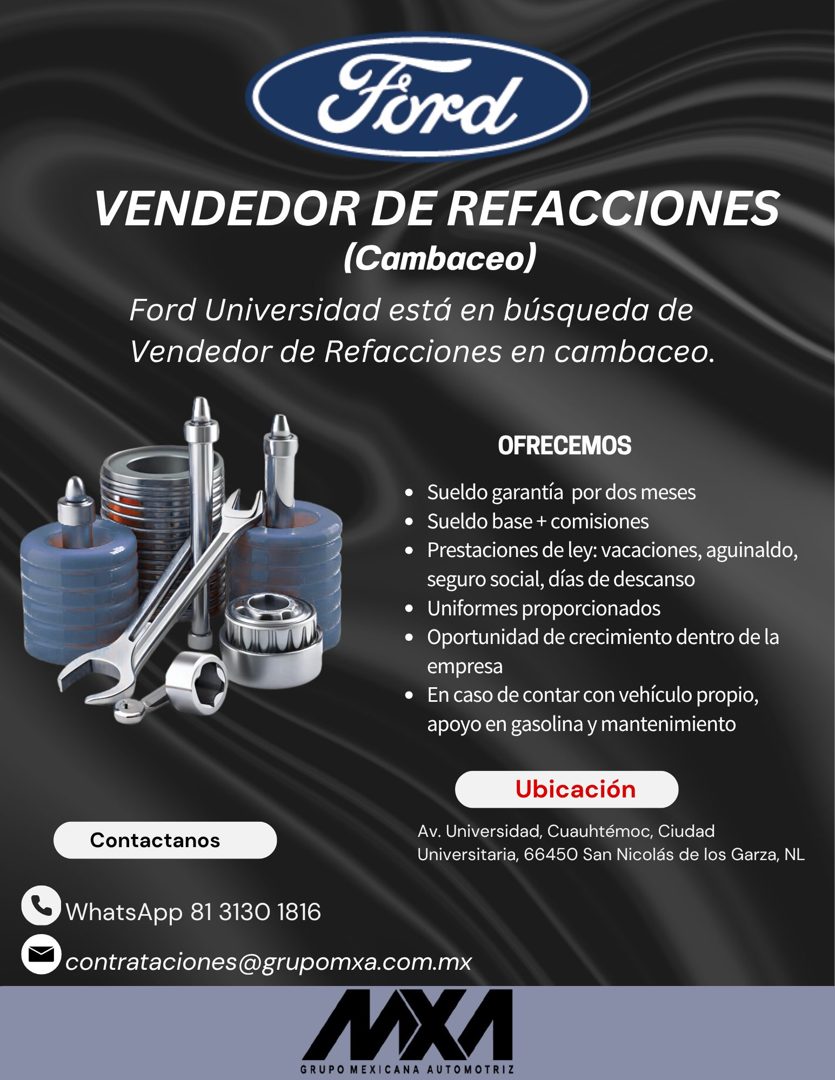 Banner del anuncio de la vacante: Ford · VENDEDOR DE REFACCIONES · (Cambaceo) · Ford Universidad está en búsqueda de · Vendedor de Refacciones en cambaceo. · Contactanos · OF