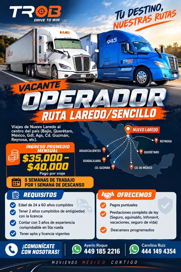 Banner del anuncio de la vacante: TR · DRIVE TO WIN · TU DESTINO, · NUESTRAS RUTAS · WIE · 945 · OTROS · VACANTE · OPERADOR · RUTA LAREDO/SENCILLO · Viajes de Nuevo Laredo al