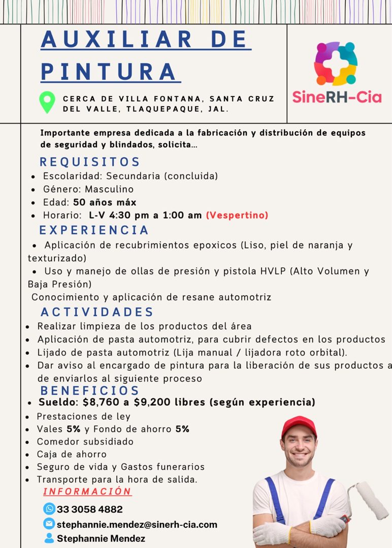 Banner del anuncio de la vacante: AUXILIAR DE · PINTURA · CERCA DE VILLA FONTANA, SANTA CRUZ · DEL VALLE, TLAQUEPAQUE, JAL. · SineRH-Cia · Importante empresa dedicada a la fa