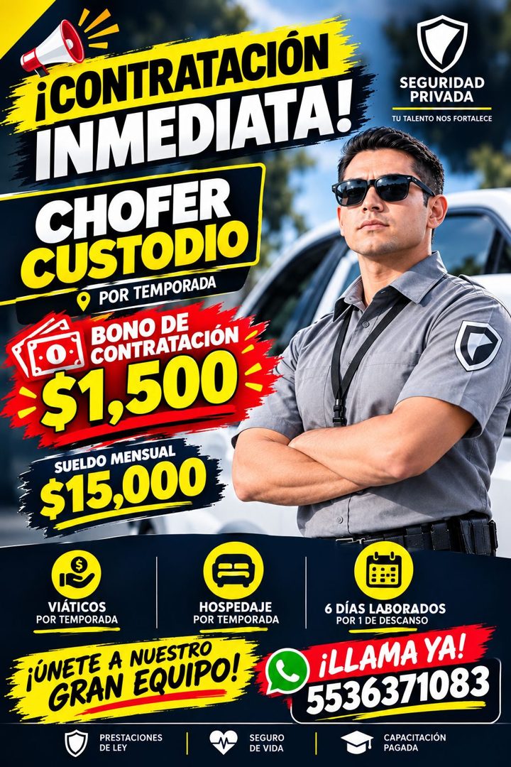 Banner del anuncio de la vacante: ¡CONTRATACIÓN · INMEDIATA! · CHOFER · CUSTODIO · POR TEMPORADA · BONO DE · CONTRATACIÓN · 51,500 · SUELDO MENSUAL · $15.000 · SEGURIDAD · PR