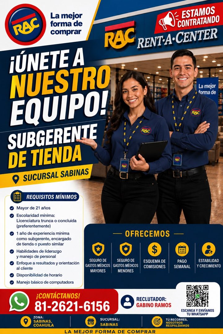 Banner del anuncio de la vacante: RB · La mejor · forma de · comprar · ESTAMOS · CONTRATANDO · RAC RENTA-CENTER · ¡ÚNETE A · NUESTRO · EQUIPO! · SUBGERENTE · DE TIENDA · SUCU