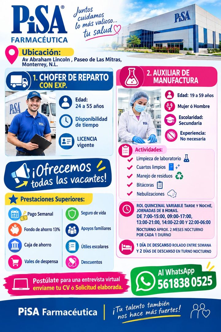 Banner del anuncio de la vacante: PASA · FARMACÉUTICA · Juntos · cuidamos · lo más valioso... · tu salud ( · Ubicación: · Av Abraham Lincoln, Paseo de Las Mitras, · Monterrey