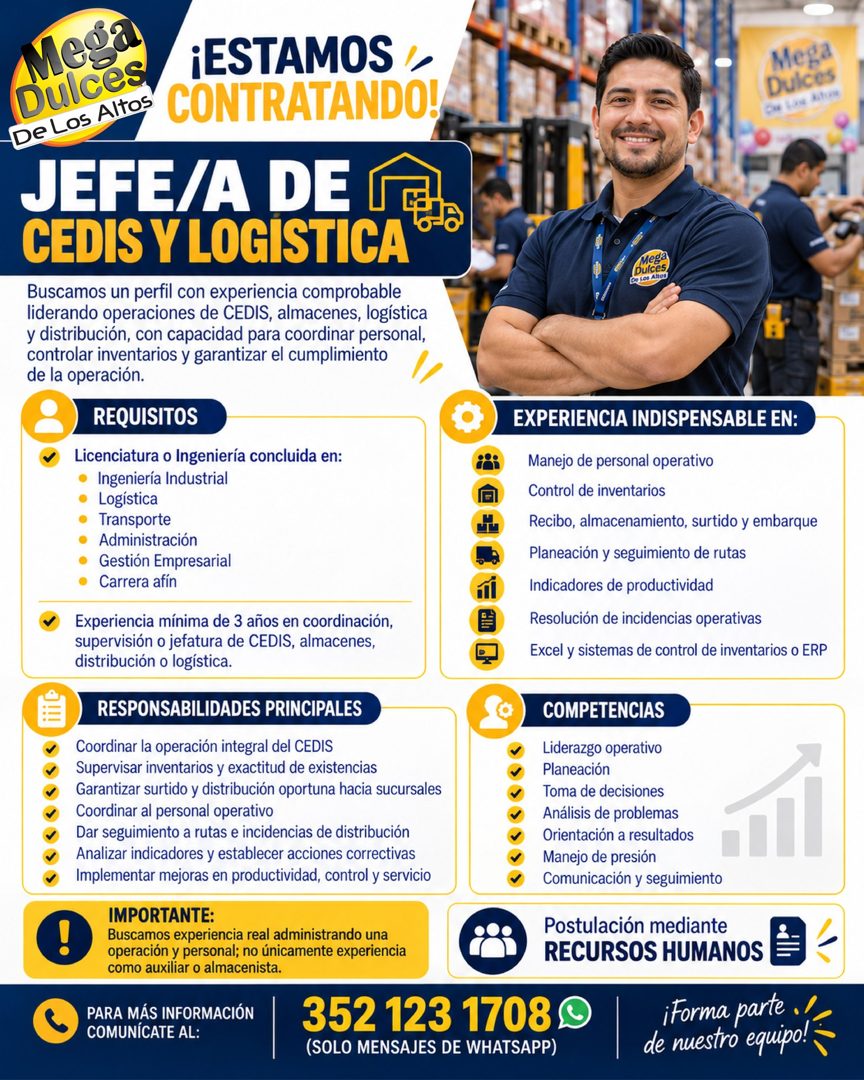 Banner del anuncio de la vacante: Mesa · Dulces · De Los Altos · ¡ESTAMOS · CONTRATANDO! · JEFE/A DE To · CEDIS Y LOGISTICA · Buscamos un perfil con experiencia comprobable ·