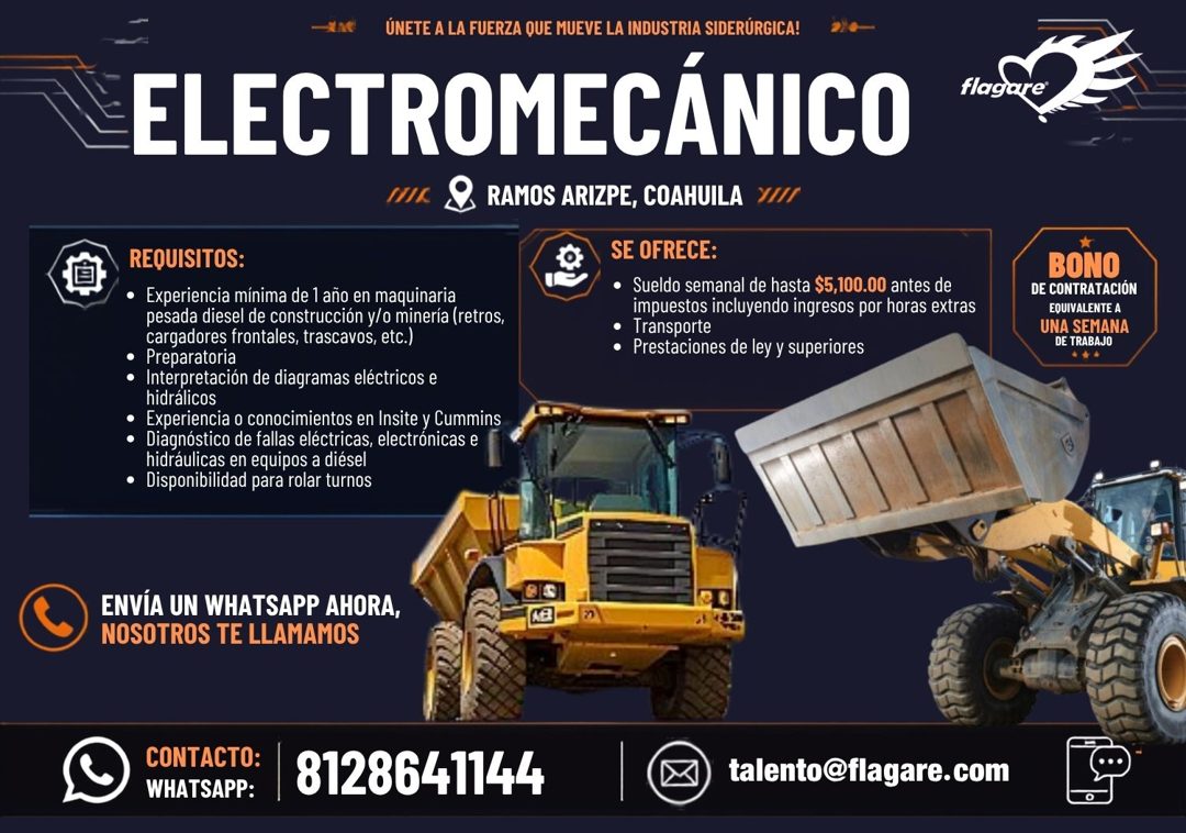 Banner del anuncio de la vacante: ÚNETE A LA FUERZA QUE MUEVE LA INDUSTRIA SIDERÚRGICA! · ELECTROMECÁNICO · MIK · RAMOS ARIZPE, COAHUILA · SE OFRECE: · • Sueldo semanal de ha