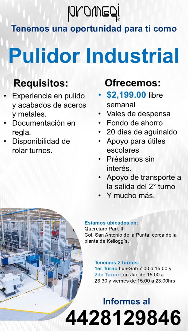 Banner del anuncio de la vacante: promedi · Tenemos una oportunidad para ti como · Pulidor Industrial · Requisitos: · • Experiencia en pulido · y acabados de aceros · y metal