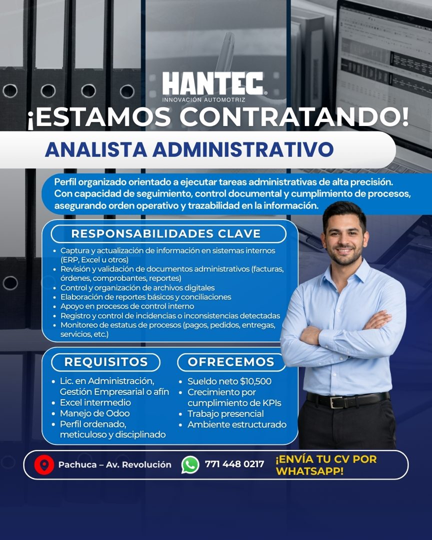 Banner del anuncio de la vacante: HANTEC. · INNOVACIÓN AUTOMOTRIZ · ¡ESTAMOS CONTRATANDO! · ANALISTA ADMINISTRATIVO · Perfil organizado orientado a ejecutar tareas administra
