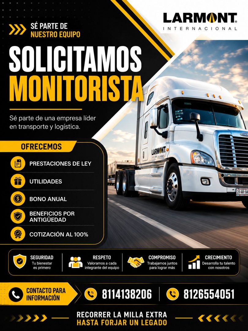 Banner del anuncio de la vacante: LARMONT · INTERNACIONAL · SÉ PARTE DE · NUESTRO EQUIPO · SOLICITAMOS · MONITORISTA · Sé parte de una empresa líder · en transporte y logísti