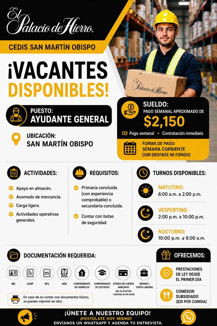 Banner del anuncio de la vacante: Salacia de tera. · CEDIS SAN MARTÍN OBISPO · ¡VACANTES · DISPONIBLES! · PUESTO: · AYUDANTE GENERAL · UBICACIÓN: · SAN MARTÍN OBISPO · ladaci