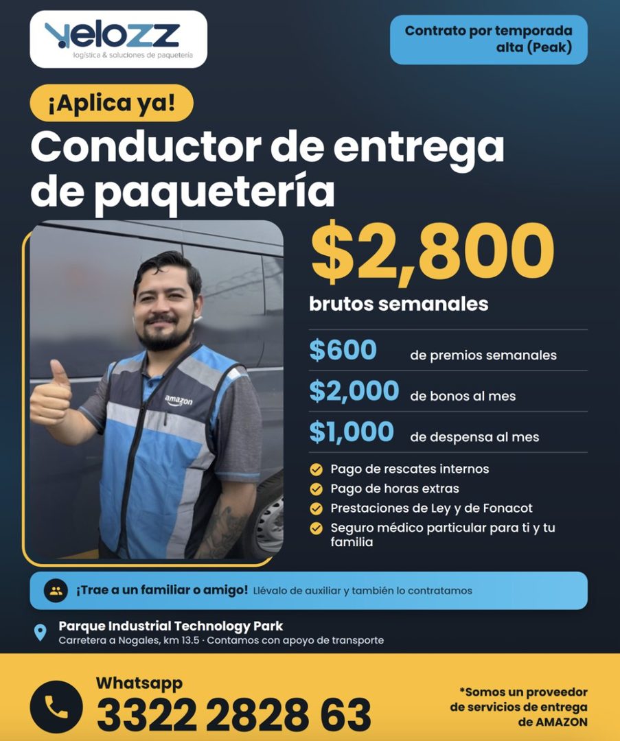 Banner del anuncio de la vacante: velozz · logística & soluciones de paquetería · Contrato por temporada · alta (Peak) · ¡Aplica ya! · Conductor de entrega · de paqueteria · 