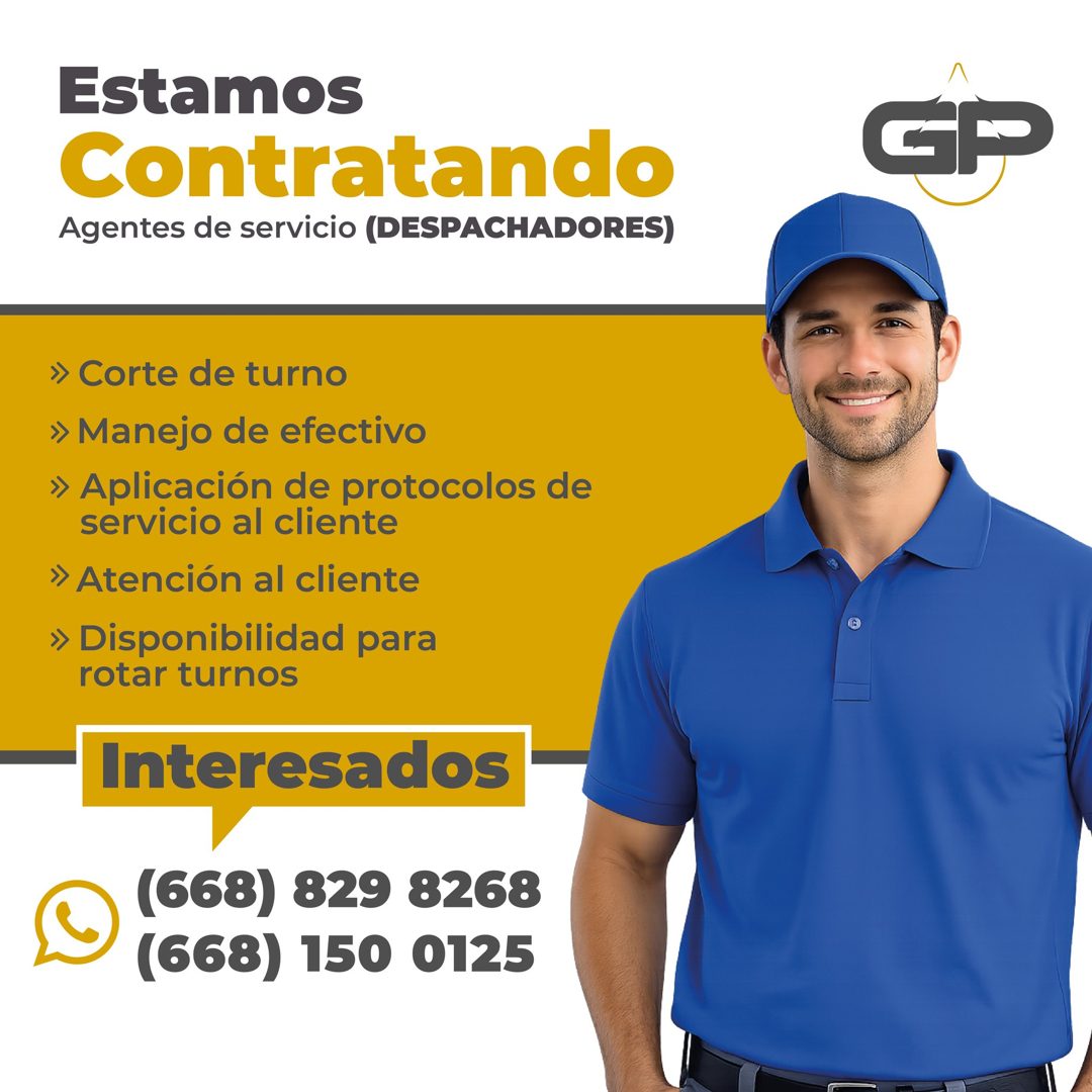 Banner del anuncio de la vacante: Estamos · Contratando · Agentes de servicio (DESPACHADORES) · GP · » Corte de turno · » Manejo de efectivo · » Aplicación de protocolos de ·