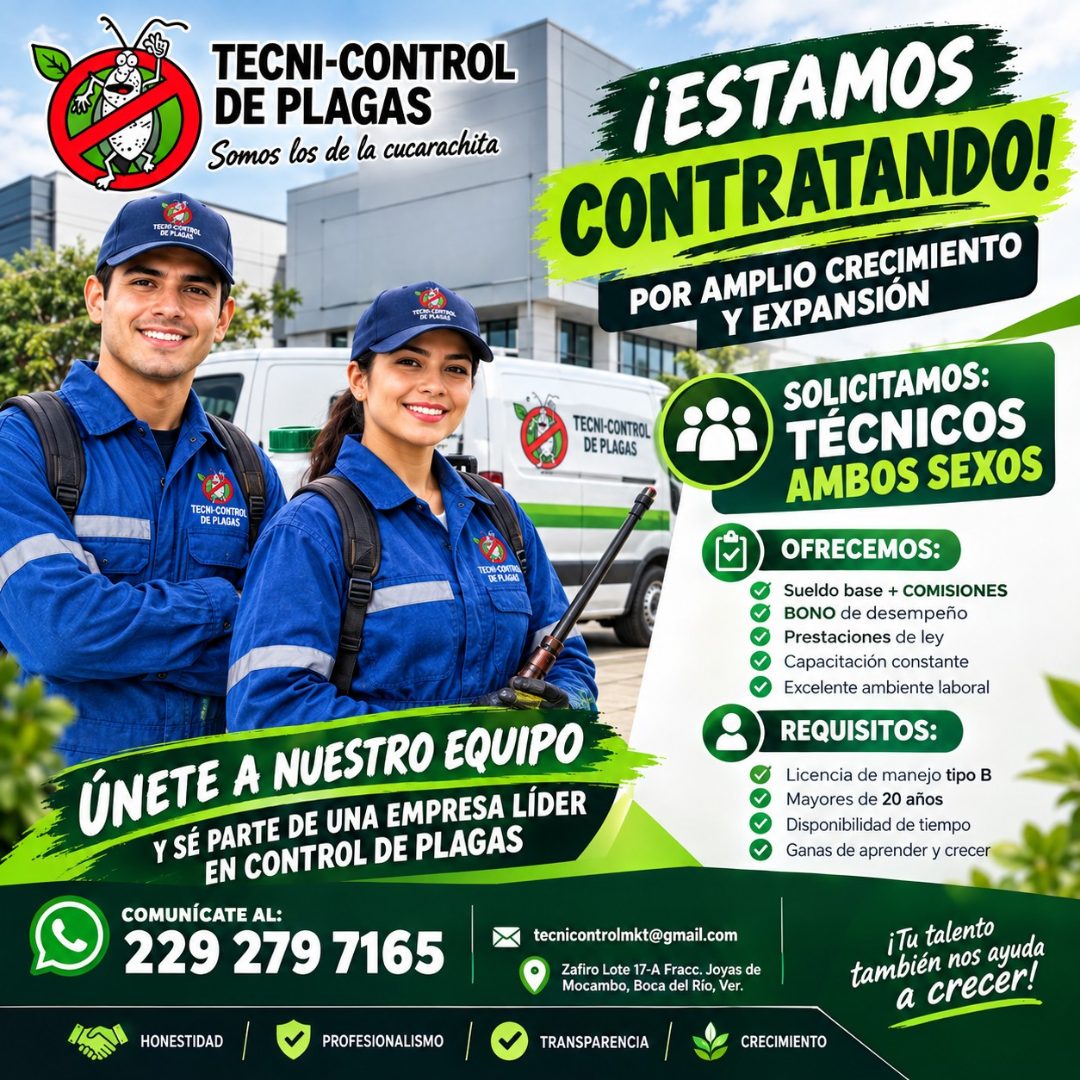 Banner del anuncio de la vacante: TECNI-CONTROL · DE PLAGAS · Somos los de la cucarachita · TECKI-CONTROL · DE PLAGAS · DE PIGAS · ÚNETE A NUESTRO EQUIPO · Y SÉ PARTE DE UNA 