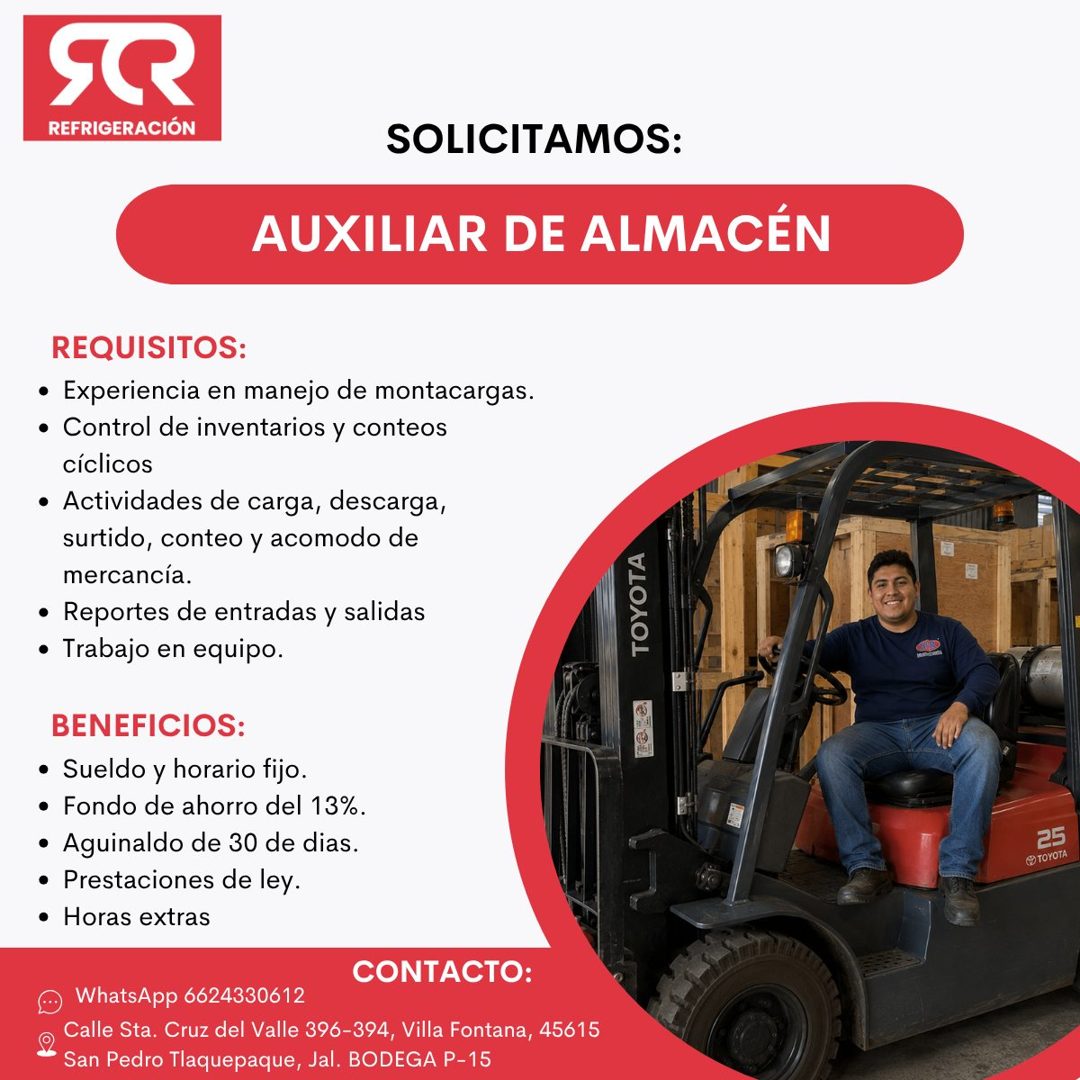 Banner del anuncio de la vacante: REFRIGERACIÓN · SOLICITAMOS: · AUXILIAR DE ALMACÉN · REQUISITOS: · • Experiencia en manejo de montacargas. · • Control de inventarios y cont