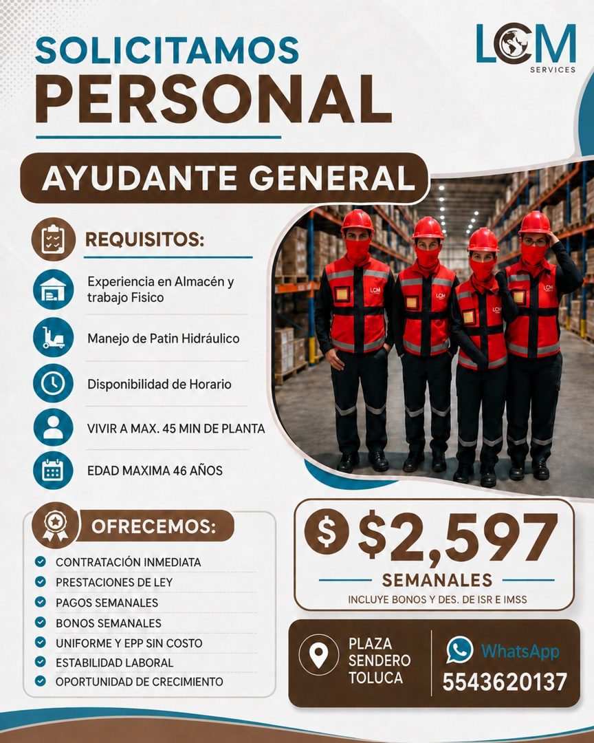 Banner del anuncio de la vacante: SOLICITAMOS · PERSONAL · LOM · SERVICES · AYUDANTE GENERAL · REQUISITOS: · Experiencia en Almacén y · trabajo Fisico · Manejo de Patin Hidrá
