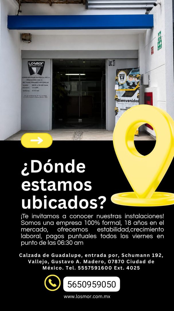 Banner del anuncio de la vacante: Losmor · NOO PANADA · LOSMOR SECURIDAD PRIVADA S.A. DE C.V. · NES. FEDERA: PERMANENTE DEPRISION 1302 · Herario: · 00:00 a 18:000 Horas · Loc
