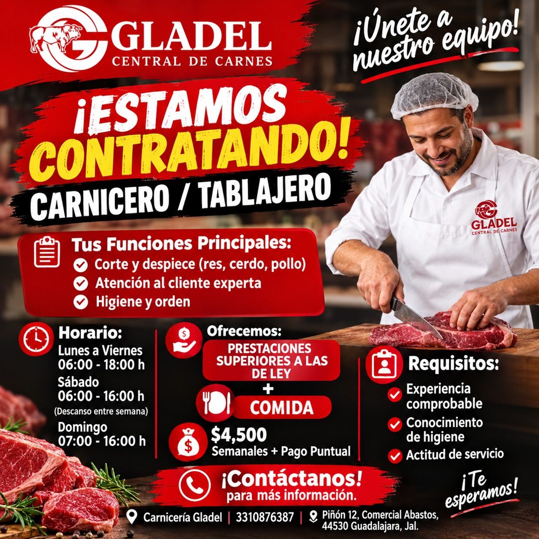 Banner del anuncio de la vacante: GLADEL · CENTRAL DE CARNES · ¡ESTAMOS · CONTRATANDO! · CARNICERO / TABLAJERO · Tus Funciones Principales: · Corte y despiece (res, cerdo, po