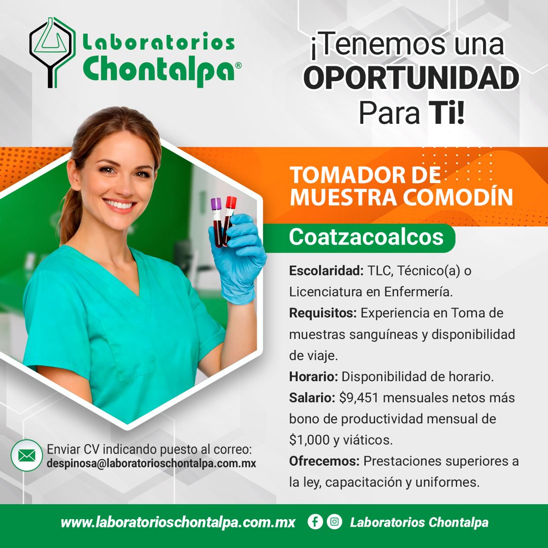 Banner del anuncio de la vacante: Laborntorios · Chontalpa® · ¡Tenemos una · OPORTUNIDAD · Para Ti! · Enviar CV indicando puesto al correo: · despinosa@laboratorioschontalpa.