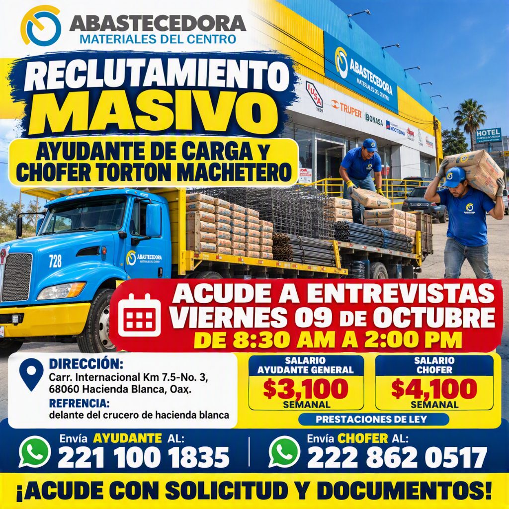 Banner del anuncio de la vacante: ABASTECEDORA · MATERIALES DEL CENTRO · RECLUTAMIENTO · MASIVO · AYUDANTE DE CARGA Y · CHOFER TORTON MACHETERO · 1909 · MATERIALES 88, 09m% ·