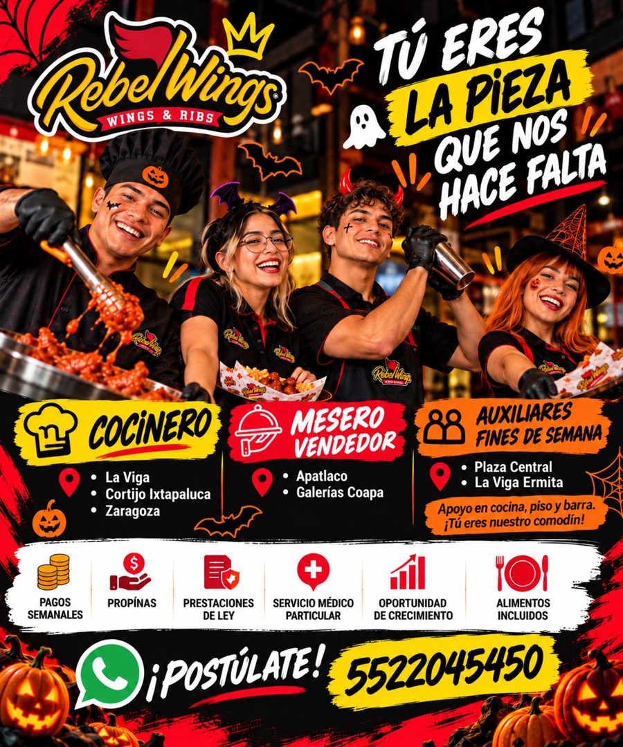 Banner del anuncio de la vacante: WINGS & RIBS · TÚ ERES · LA PIEZA · QUE NOS · HACE FALTA · COCINERO · La Viga · • · Cortijo Ixtapaluca · Zaragoza · Rebel Ming · MESERO · VE