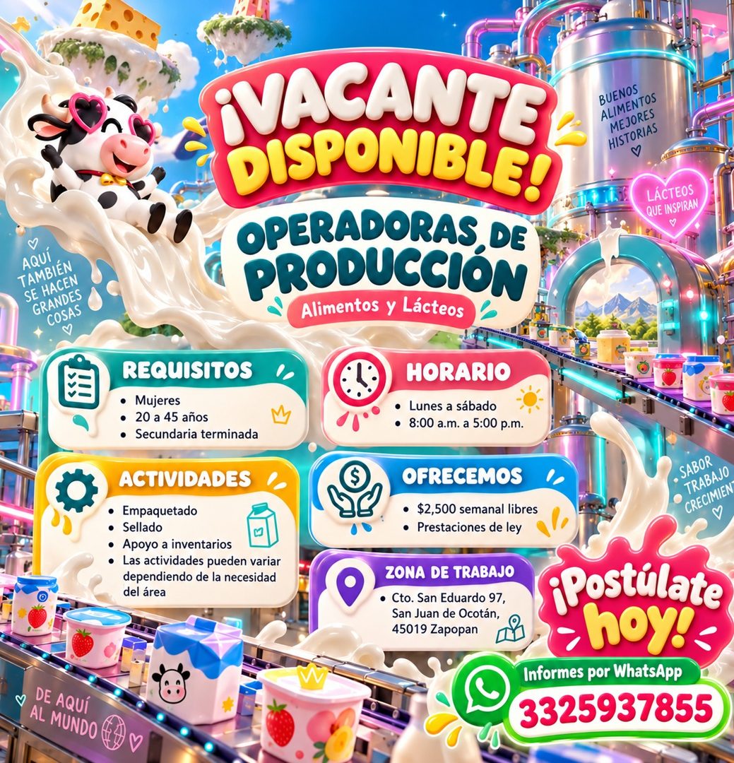 Banner del anuncio de la vacante: AQUÍ · TAMBIÉN · SE HACEN · GRANDES · COSAS · INACANTE · DISPONIBLE! · OPERADORAS, DE · PRODUCCIÓN · PRODUCCIÓN · Alimentos y Lácteos · BUEN