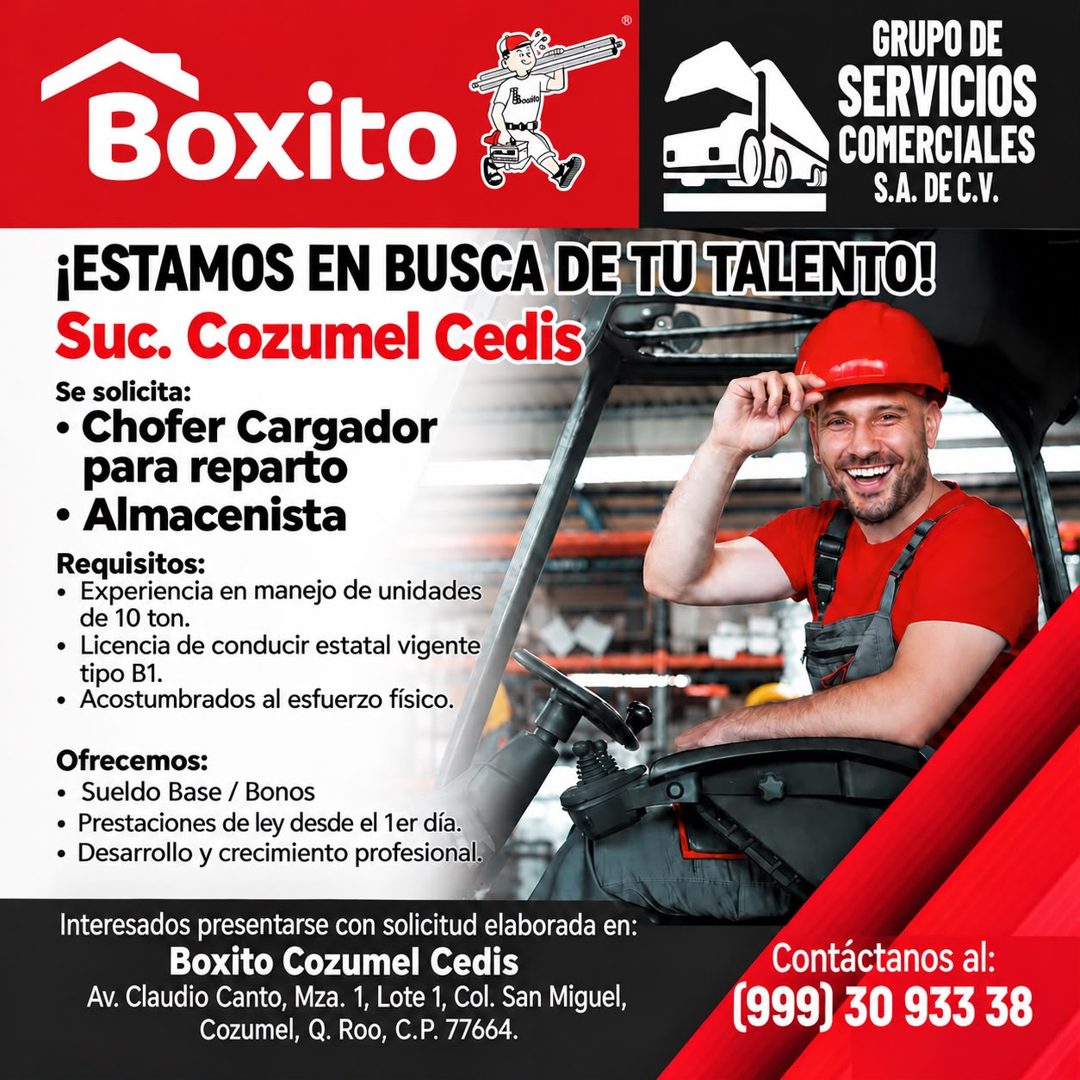 Banner del anuncio de la vacante: Boxito · GRUPO DE · SERVICIOS · COMERCIALES · S.A. DE C.V. · ¡ESTAMOS EN BUSCA DE TU TALENTO! · Suc. Cozumel Cedis · Se solicita: · • Chofer
