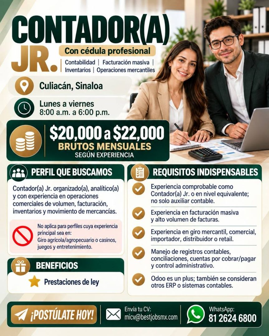 Banner del anuncio de la vacante: CONTADORA) · Con cédula profesional · Inventarios Operaciones mercantile: · Culiacán, Sinaloa · Lunes a viernes · 8:00 a.m. a 6:00 p.m. · $2