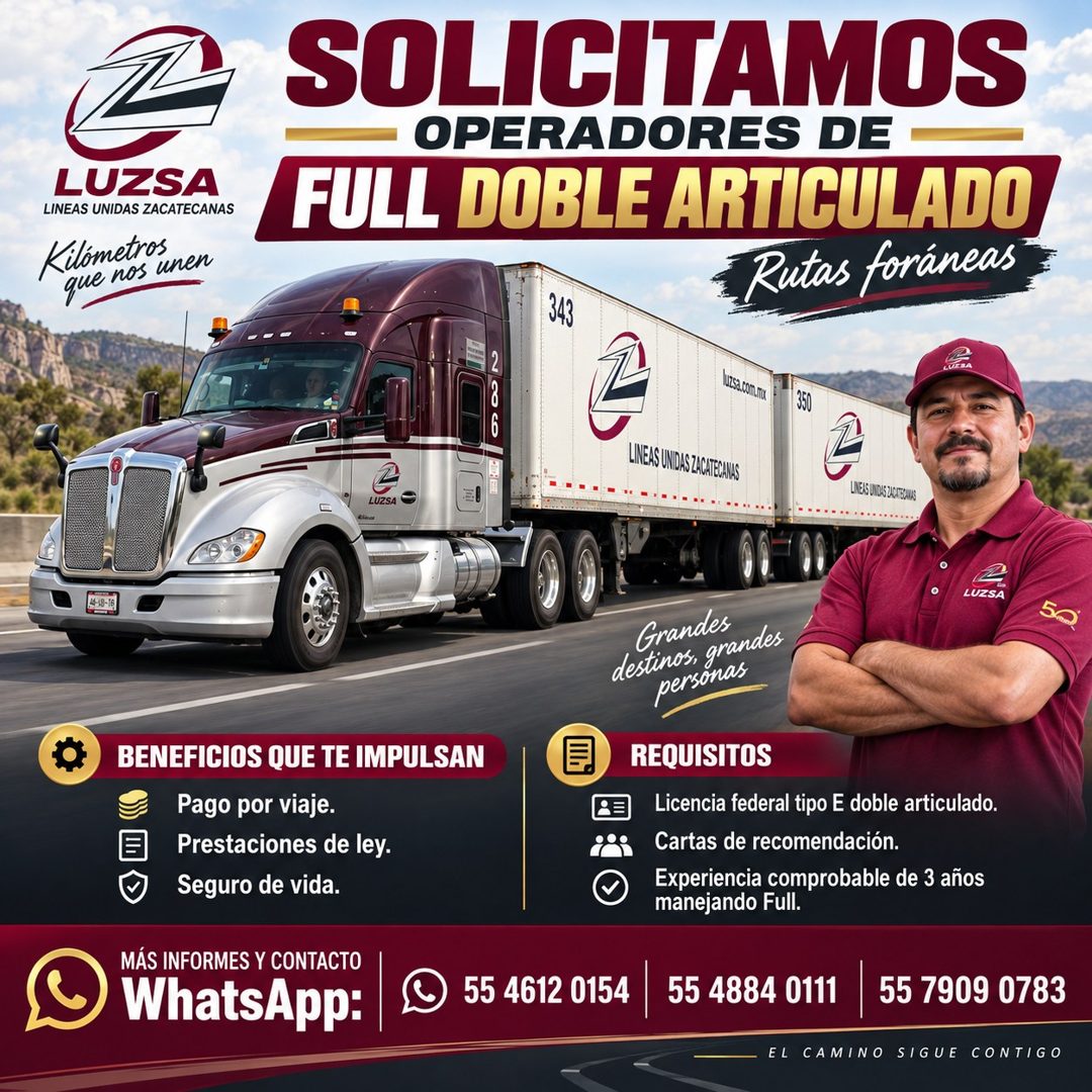 Banner del anuncio de la vacante: LUZSA · LINEAS UNIDAS ZACATECANAS · Kilómetros · que nos unen · SOLICITAMOS · OPERADORES DE · /FULL DOBLE ARTICULADO · Rutas foráneas · luis