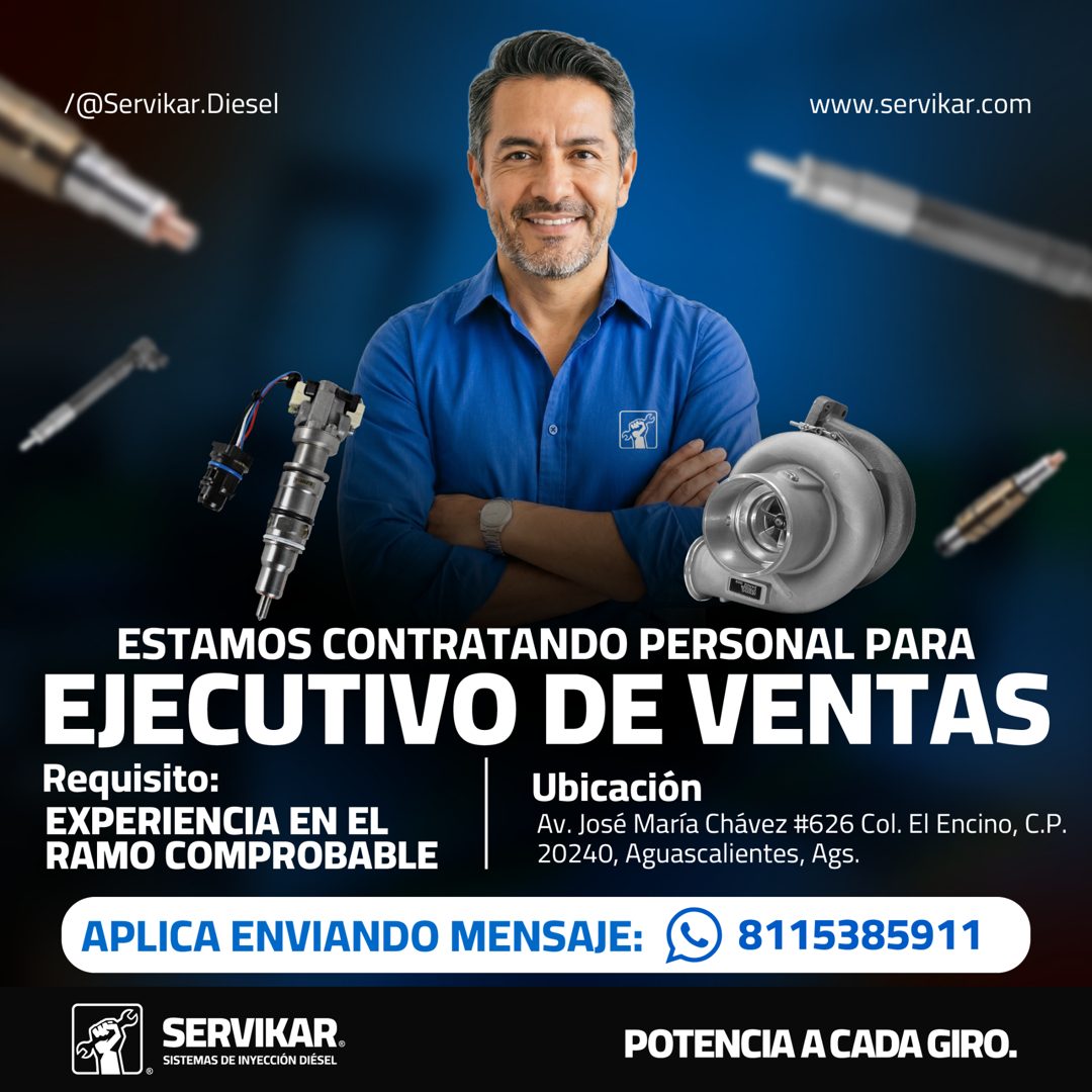 Banner del anuncio de la vacante: /@Servikar.Diesel · www.servikar.com · ESTAMOS CONTRATANDO PERSONAL PARA · EJECUTIVO DE VENTAS · Requisito: · Ubicación · EXPERIENCIA EN EL 