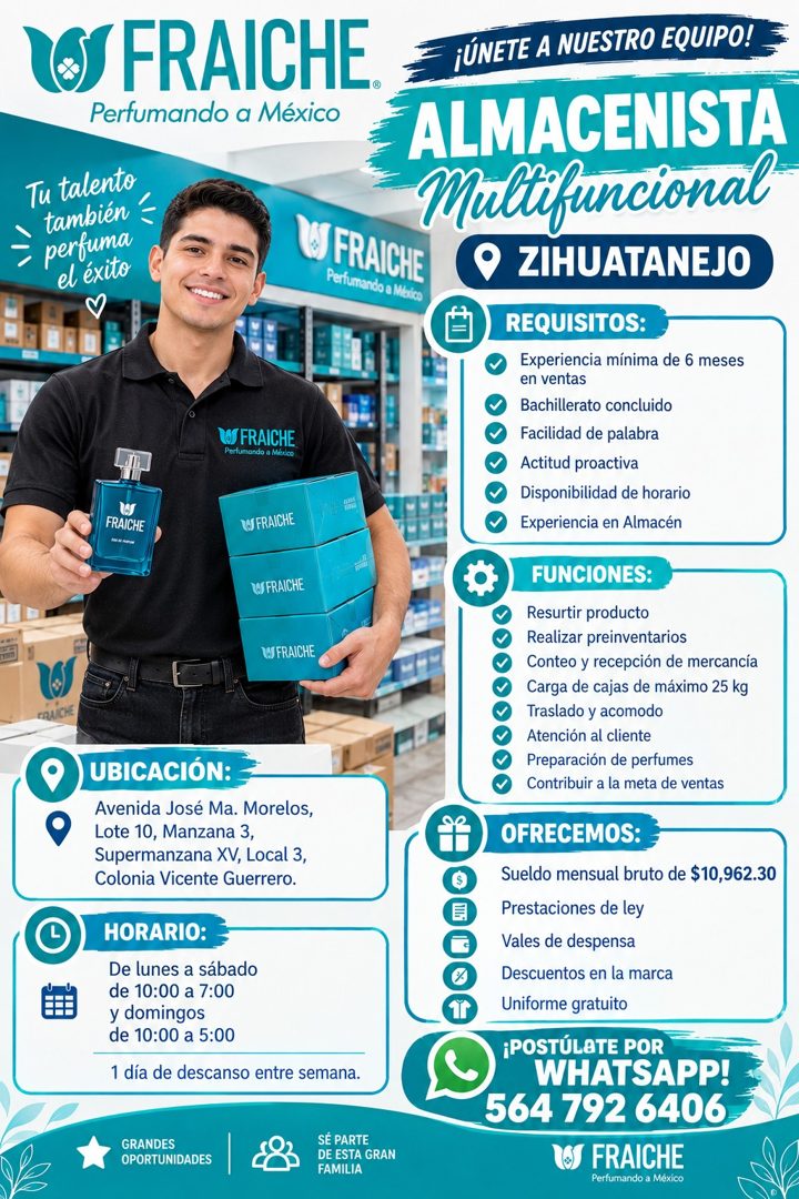 Banner del anuncio de la vacante: S FRAICHE · Perfumando a México · Tu talento · también · perfuma · el éxito · FRAICHE · Chi Be nin · L/ FRAICHE · Perfumando o México · RU F