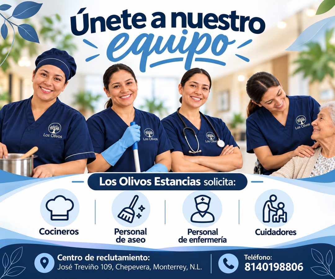 Banner del anuncio de la vacante: Únete a nuestro · - equipo · Los Olivos · Los Olivos · Los Olivos · Los Olivo: · Los Olivos Estancias solicita: · Cocineros · Personal · de 