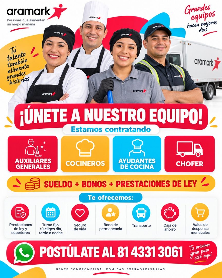 Banner del anuncio de la vacante: aramark · Personas que alimentan · un mejor mañana · aromark · aromorke · Grandes · equipos · hacen mejores · días · aramark · aramork · Tu 