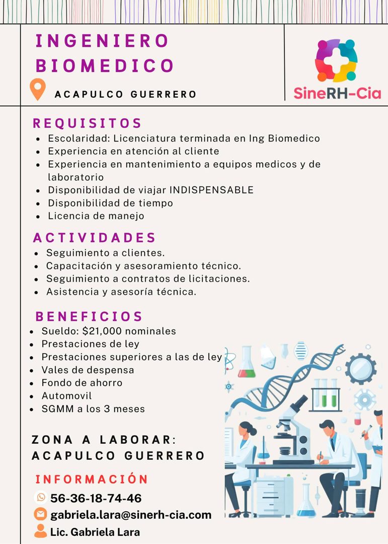Banner del anuncio de la vacante: INGENIERO · BIOMEDICO · ACAPULCO GUERRERO · REQUISITOS · • Escolaridad: Licenciatura terminada en Ing Biomedico · • Experiencia en atención 