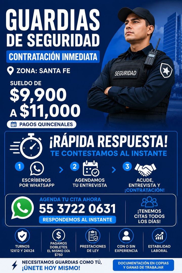 Banner del anuncio de la vacante: GUARDIAS · DE SEGURIDAD · CONTRATACIÓN INMEDIATA · COOLO · CLOCO · ZONA: SANTA FE · SEGURIDAD · SUELDO DE · $9,900 · A $11,000 · PAGOS QUINC