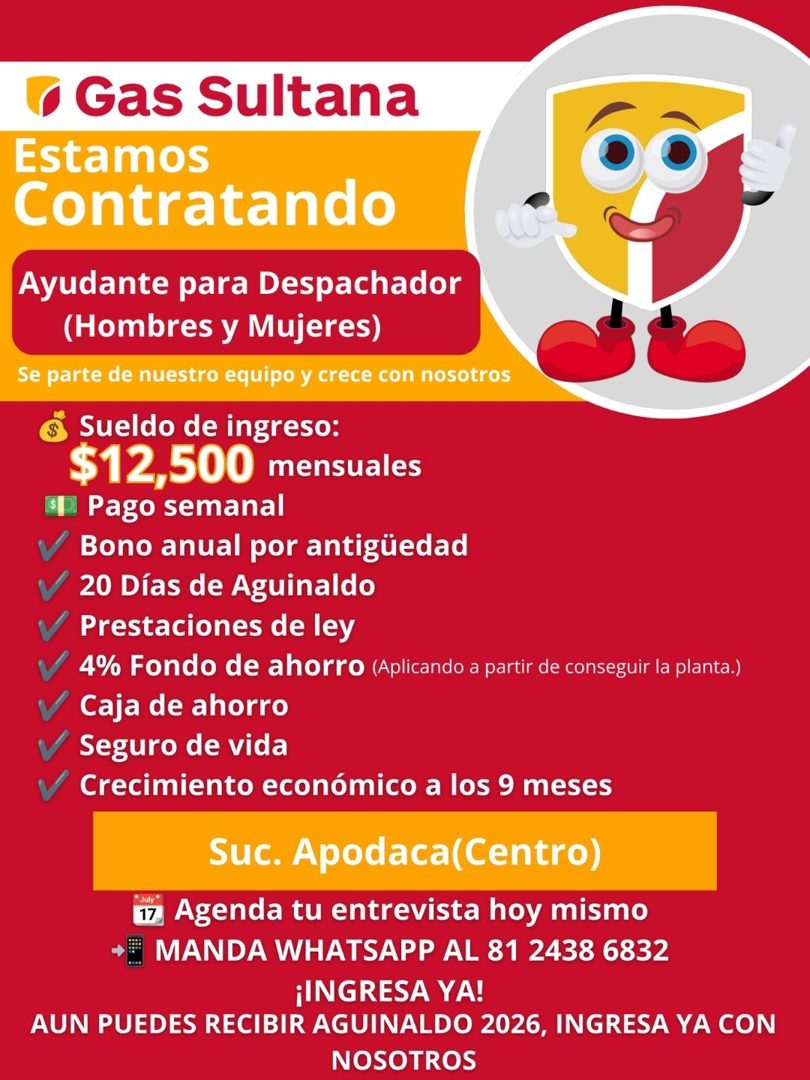 Banner del anuncio de la vacante: Gas Sultana · Estamos · Contratando · Ayudante para Despachador · (Hombres y Mujeres) · Se parte de nuestro equipo y crece con nosotros · Su